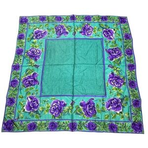 Vera Neumann Silk Scarf Purple Cabbage Roses on Teal Green 29 x 29" Vintage